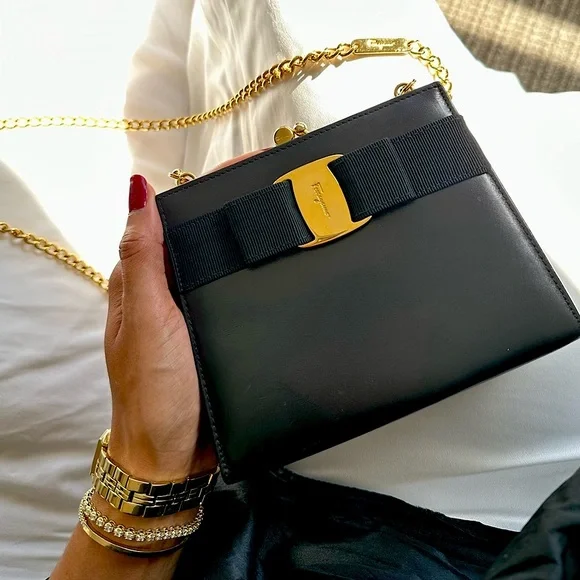 *SOLD*Authentic Salvatore Ferragamo Leather Black Bow Bag w/ Gold Chain - Picture 1 of 17